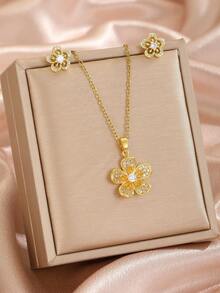 2pcs/Set Fashionable Cubic Zirconia Flower Necklace And Earrings, Suitable For Children Girls Party, Casual Wear, And Birthday Gift