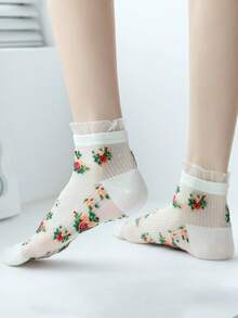 5 paia di calzini corti da donna con motivo floreale ditsy, progettati in uno stile giapponese adorabile con delicato bordo in pizzo, realizzati in materiale in nylon leggero e traspirante. Adatti per uso quotidiano, pendolarismo, relax casual, e anche come regalo premuroso. - Multicolore - Visualizzare 2