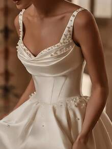 Luxury Pearl Bridal Gown With Train, Exquisite Princess Ball Gown Wedding Dress For Elegant Brides, With Straps, Full Skirt, Suitable For Wedding, Dating, Party, Singles' Party, Vacation, Bride, Formal Occasions, Dinner Dress, Prom Dress, Homecoming Dress, Cocktail Party, Bridal Gown, Wedding Dresses For Bride - 白色 - 查看 3