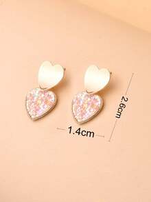 1 Đôi bông tai đính sequin hình trái tim nhỏ ngẫu nhiên tối giản dành cho nữ - Hồng - Xem 5