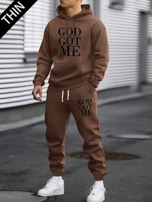 Bộ áo hoodie và quần nỉ mỏng nhẹ dành cho nam, kiểu dáng rộng rãi thoải mái, in chữ, trang phục mùa xuân/thu mỏng nhẹ với túi và dây rút ở eo. - Cà phê nâu - Xem 1