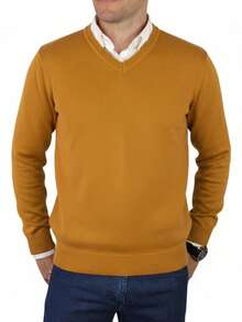 Men's Premium Knit Sweater With V-Neck - Camel - View 1
