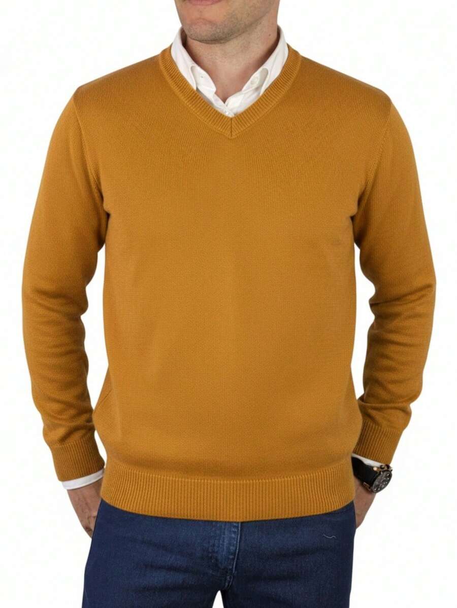 Men's Premium Knit Sweater With V-Neck - Camel - View 1