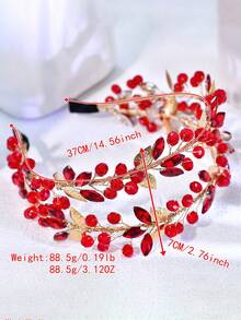 1件水钻双排发箍，闪亮合金叶片装饰水晶发箍，适合新娘、婚礼、派对、约会、休闲、情人节等场合，女士发饰 - 紅色 - 查看 3