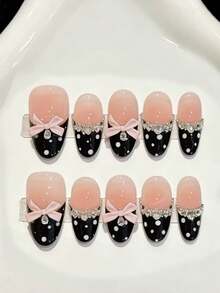 10片杏仁形手工美甲贴片，适合派对和日常佩戴，粉色美甲贴片，粉色蝴蝶结，可爱波浪尖头，易于佩戴。10片Y2K手工美甲贴片，适合女孩和女士在节日派对和日常佩戴。美甲用品 手工美甲贴片 - 粉色 - 查看 10