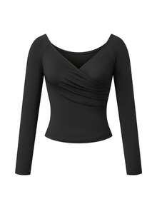 Womens Off Shoulder Wrap Tops Long Sleeve Solid Color Slim Fitted T-Shirt Ruched Crop Tops - 黑色 - 查看 7
