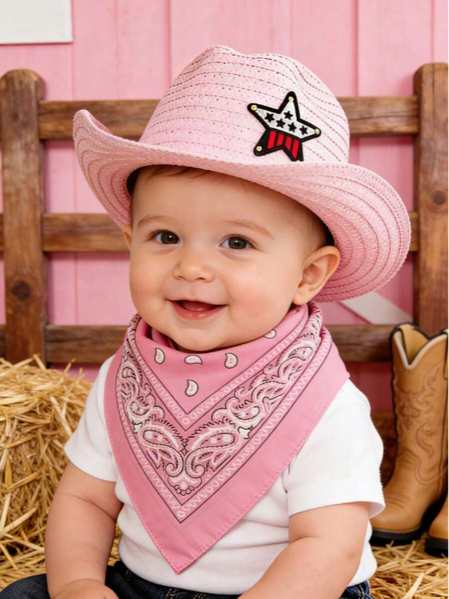 New Western-Themed Baby Hat & Scarf Set - Hat + Printed Bandana, Western-Style Baby Outfit, Suitable For INS-Style Photoshoot, 100-Day Celebration, Daily Wear, Newborn Photography Props - Multicolor - View 1