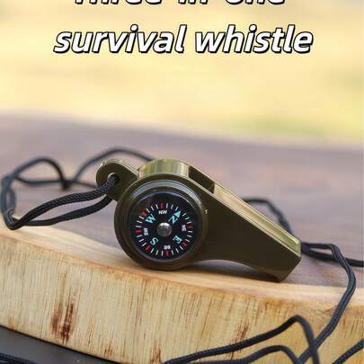 1个三合一紧急求生哨，带指南针和温度计，非常适合田径、露营、徒步旅行、户外探险、裁判和啦啦队使用，是户外运动配件、田径必备品、比赛装备、田径发令哨、田径配件、救生哨、比赛裁判哨。
