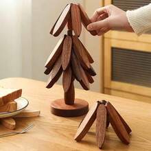 Premium Wooden Tree-Shaped Tripod Set With 3 Removable Coasters And Base, Creative Non-Slip And Heat-Resistant Mat, Suitable For Kitchen Accessories, Teapots And Beverage Holders - Furniture Ornaments, Gifts - 胡桃木色 - 查看 5
