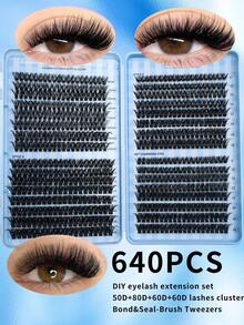 640pcs/Set Single Lash False Eyelashes, Large Capacity, 10D+20D+30D+40D+50D Curled D-Type, 8-16mm, DIY Fake Lashes, Natural & Thick, Delicate & Lightweight, Super Soft, Reusable, Single Strand Segmented False Lashes, Eyelash Extension Kit, Suitable For Travel, Daily Wear (Beginner Friendly), Wedding, Date, Party, Holiday, Also Great As Christmas/Halloween/Gift Lash Set