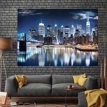 New York City Night Skyline Backdrop - 1pc Polyester Wall Decor For Home, Studio & Party Banners, Manhattan Skyscraper, Lighting Background Video, Banner Decorations - 彩色 - 查看 8