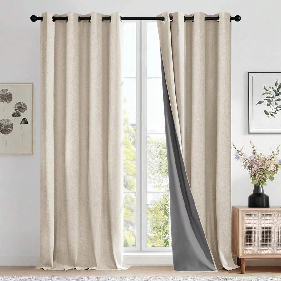 Deconovo Linen-Look% Blackout Ctains, Thermal Insulated Grommet Coating Drapes Bedroom & Living Room, Flaxen 52W X 84L 2 Panels - 藍綠色/彩色 - 查看 1
