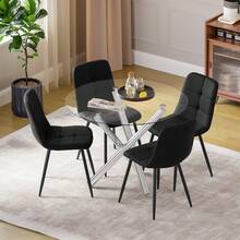 Silver-legged Glass Table + 4 Black Linen Chairs