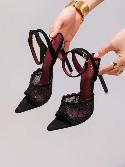 Fashionable Lace Embroidered Black High Heel Sandals, Sexy Pointed Toe Open Toe Party Evening Shoes, Super High Heel Stilettos For Women