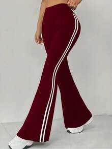 女士高腰喇叭瑜伽裤 - 纯色阔腿运动裤，松紧腰休闲裤，适合健身房、锻炼和休闲穿着 - 酒紅色 - 查看 5