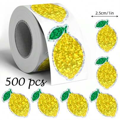 500pcs/Roll Holographic Yellow Lemon Doodle Stickers, Asymmetrical Glitter Fruit Stickers For Envelopes, Magazines, Phone Cases, Tumblers, Laptops, Scrapbooking, Party Favors, Gift Wrapping, PVC Waterproof Stickers