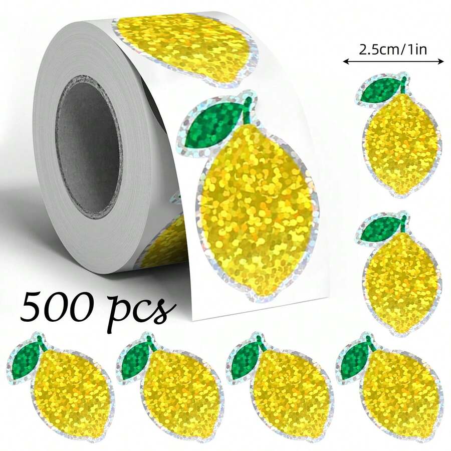 500张/卷 全息黄色柠檬涂鸦贴纸，不对称闪光水果贴纸，适用于信封、杂志、手机壳、水杯、笔记本电脑、剪贴簿、派对礼品、礼品包装，PVC防水贴纸 - 彩色 - 查看 1