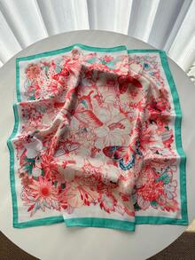 1 chiếc khăn vuông 70cm in họa tiết hoa mùa xuân/hè dành cho nữ, chất liệu giả lụa, khăn choàng giữ ấm cổ đa năng phù hợp sử dụng hàng ngày. - Hoa màu hồng xanh hồ - Xem 2