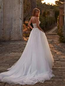 Glamorous Strapless 3D Floral Sequin High Slit Wedding Dress With Tulle Skirt, Bridal Gown, Wedding Dresses For Bride, Elegant And Comfortable, Formal Dresses For Women, Suitable For Wedding, Party, Vacation, Bride, Formal Occasions, Dinner Dress, Prom Dress, After-Party Dress, Homecoming Dress, Cocktail Party, Birthday Party, Celebration, Gala, Festival, Ceremony - trắng - Xem 5