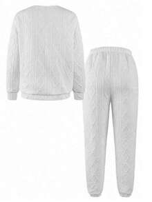 Women's Loose Textured Pullover & Jogger Pants Set - Long Sleeve Crewneck Activewear, Stylish Sportswear For Gym & Casual Wear - trắng - Xem 4