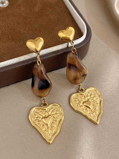 1Pair Vintage Amber Texture Earrings Heart Dangle Earrings For Women Golden Stainless Steel Earrings For Daily Party Mother Day Valentine Wedding Music Festival Christmas Jewelry Gifts