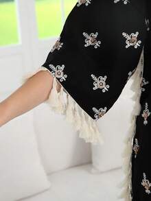 2026新款斋月传统优雅刺绣金珠V领流苏袖长袍 - 黑色 - 查看 5