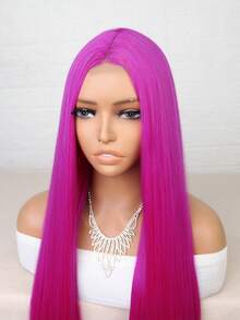 超长玫瑰红假发，无刘海，4x2 U型蕾丝前直发合成假发，适合角色扮演、万圣节派对等场合，均码，高温丝材质，适合日常佩戴、家庭聚会、节日、派对、情人节等场合。 - 玫紅色 - 查看 5