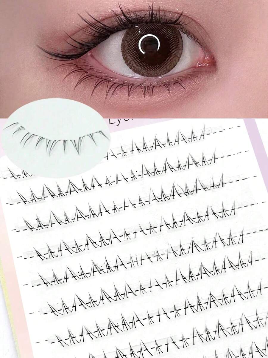 80片猫咪主题单簇自然垂坠假睫毛，分段透明睫毛杆，逼真漫画风格 - B - 查看 1