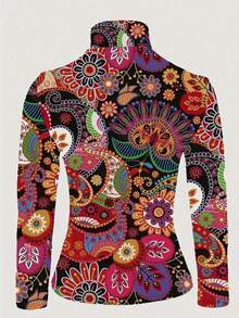 Plus Size Women's Floral Print Turtleneck Criss-Cross Neck Long Elegant T-Shirt - Multicolor - View 4