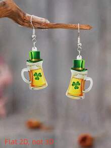 2D Clover Beer Pendant Earrings, St. Patrick's Day Jewelry, Flat Acrylic Material, Suitable For Daily Wear And Parties, Fashionable Item, Suitable For All Seasons - Clover Beer - View 1
