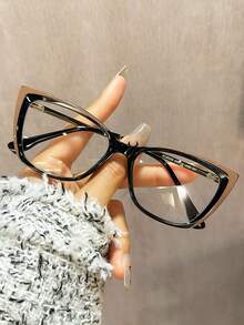 1pc Women's TR90 Metal Frame Black & Color Block Glasses, Retro Cat Eye Street Style Casual Glasses, Autumn/Winter Essential - Multicolor - View 2
