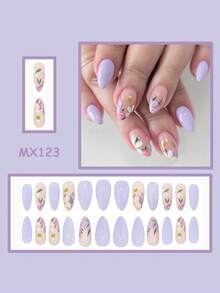 24片杏仁形美甲贴纸，饰有春意盎然的蜜蜂和淡紫色花朵图案。杏仁形美甲装饰，亚克力美甲，美甲配件。按压式假指甲。适合女士聚会、派对、婚礼、日常佩戴、摄影及其他各种场合。提升您的魅力！美甲用品 - 淡紫色 - 查看 4