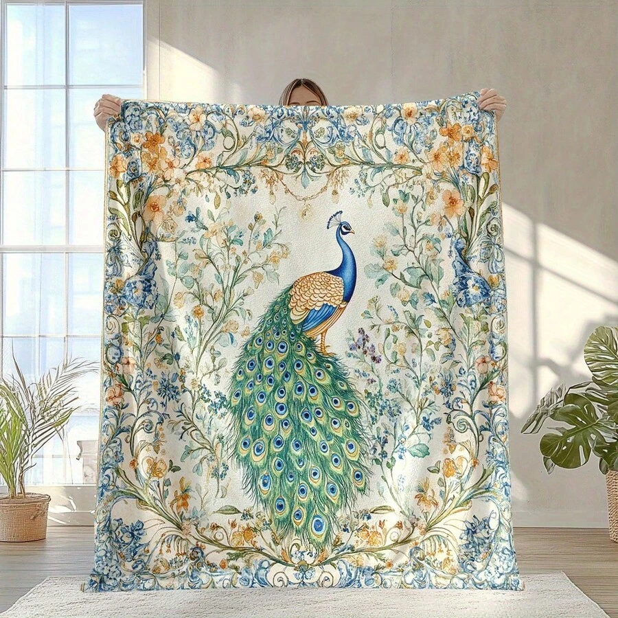 1pc Retro Peacock Print Throw Blanket - Soft, Warm, And Colorful With Floral Patterns, Holidays, Travel, Camping, Office, And Home Decor, Cozy Nap Accessory | Whimsical Decor | Vibrant Design, Peacock Decor - 彩色 - 查看 1