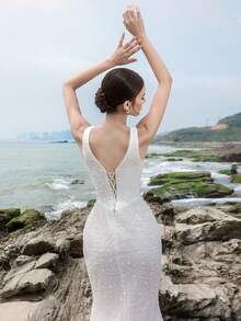 HEARBOBO Elegant Formal Evening Prom Dress, White Lace Sequin Mermaid Fairy Wedding Dress Bridal Wedding Season, Valentine's Day - White - View 5