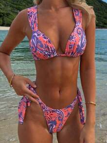 女士春夏波西米亚风佩斯利印花系带露背比基尼套装，树叶图案印花，波西米亚风可爱露背系带沙滩装，适合海滩、复活节、圣帕特里克节、外出、毕业典礼等场合，优雅时尚 - 彩色 - 查看 9