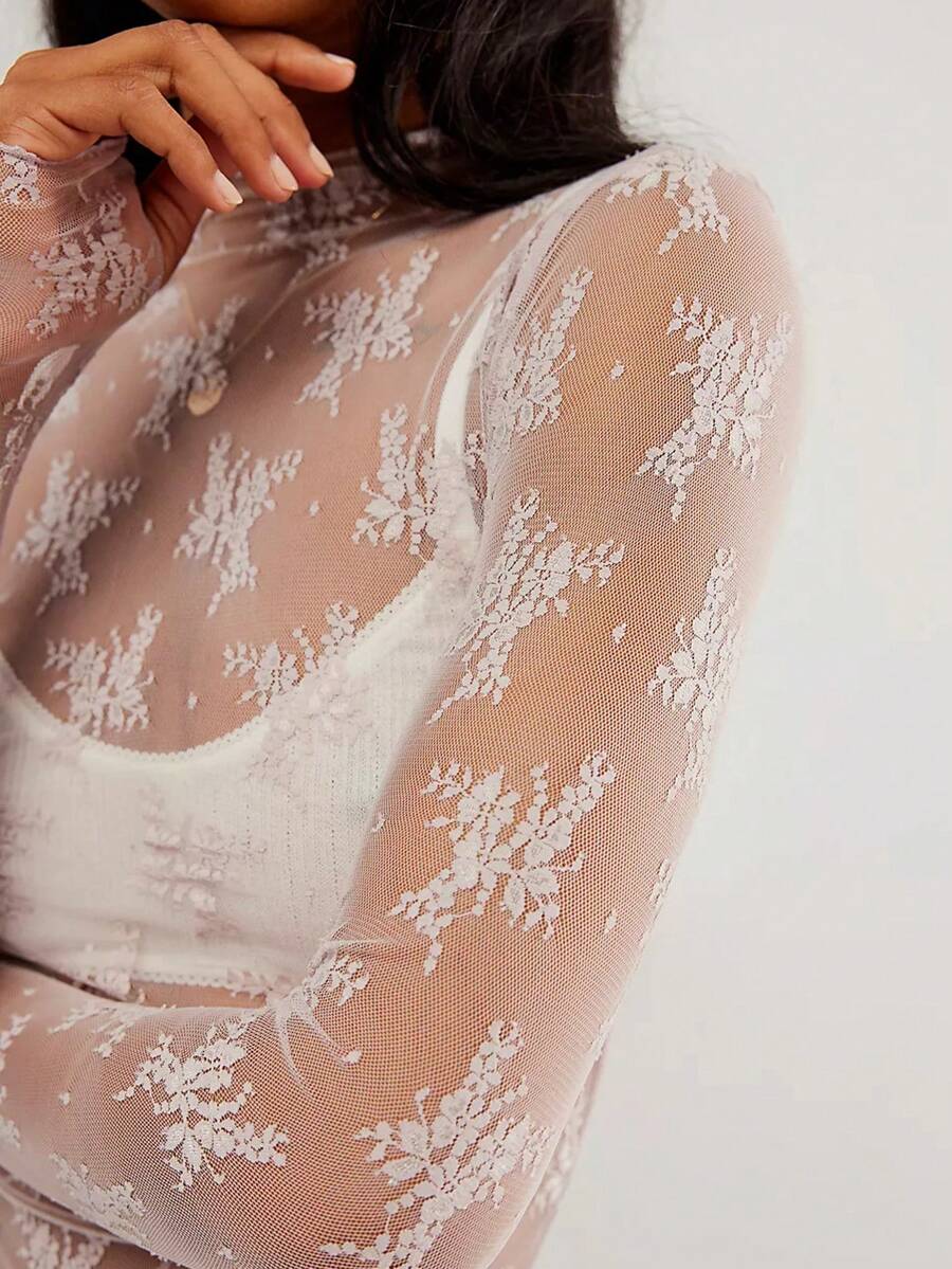 Wild Summer Black Mesh Sheer Lace Country Western Music Festival Women's Tops Western Women's Concert Women's Hippie Western Women's Rave - 白色 - 查看 1