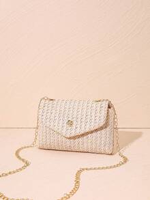 1pc Girls Knitted Casual Fashion Flap Chain Crossbody Bag, Small Shoulder Bag, Suitable For Daily Use, Vacation, And Ideal Gift - Braided Apricot - View 3