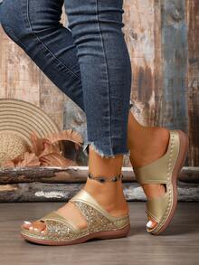 新款女士夏季亮片拼接厚底闪亮吸睛人字拖，度假沙滩休闲日常穿着 - 金色 - 查看 3