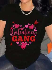 Women's Valentine's Day Black T-Shirt With Galentines Squad Lettering & Heart Arrow Print - Casual Short Sleeve Round Neck Top For BFF Outfits, Parties, Casual Attire2026 - 黑色 - 查看 6