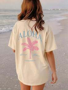 2026 Summer Shirts Women's New Palm Tree Slogan Print Casual Round Neck Short Sleeve T-Shirt, Fashionable Resort Style, Your Daily Essential Item. Gr - 杏子2 - 查看 12