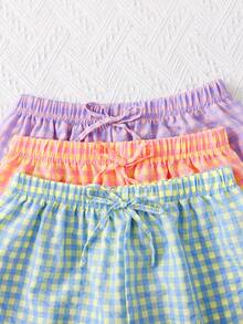 3件套女士甜美多巴胺格子抽绳腰七分休闲裤，舒适居家休闲短裤，夏季穿着 - 彩色 - 查看 4