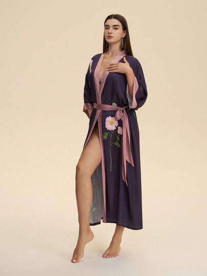 Kimono cardigan estampado de moda artística elegante y holgada de longitud media, bata informal con cintura anudada, cubierta para la playa, vestido ligero de verano