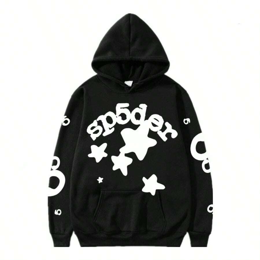 Casual Sports Hoodie Set - Star And Letter Art Print, Loose Fit, Combination For Daily Streetwear And Sports Outfits - màu đen - Xem 1