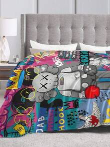 1pc Kawss Kawaii Kaw Anime Glam Style Flannel Blanket Super Soft Warm Bed Blanket Sofa Bedding Bedroom Sofa Office Car Four Seasons Cozy Shaggy Blanket Girls Boys Adult Gift - màu đen - Xem 4