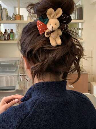 1pc Women's Cute Plush Rabbit & Carrot Striped Knitted Hair Scrunchie Head Accessories