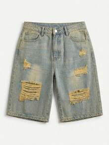 Jkorea Women's High Waisted Heavily Distressed Bermuda Shorts - Vintage Ripped Knee Length Denim Shorts Aesthetic Streetwear - 懷舊 - 查看 3