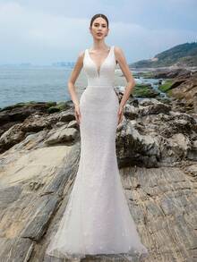 HEARBOBO Elegant Formal Evening Prom Dress, White Lace Sequin Mermaid Fairy Wedding Dress Bridal Wedding Season, Valentine's Day - White - View 7