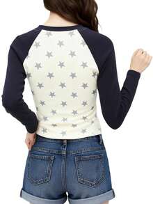 Camiseta de manga larga para mujer, corte entallado, elegante, con estampado de estrellas y cuello redondo en contraste de colores para otoño/primavera - Blanco - Ver 2