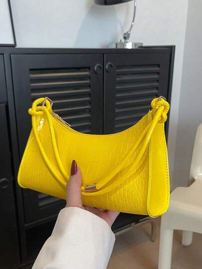 2026 New Fashion Simple Shoulder Bag For Women, Casual Underarm Bag, Niche Yellow Crocodile Texture Solid Color Handbag, Suitable For Valentine's Day Gift, Daily Use, Shopping, Dating, Ideal For Teenagers, College Girls, And Office Ladies, Great For Office, School, Work, Business, Commuting, Yellow