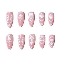 A Box Of 24 Pieces Of Medium And Long Pointed Nail White Three-Dimensional Relief Flower Wearing Nail Removable Nail Patch Nail Art Piece - Pink - View 5